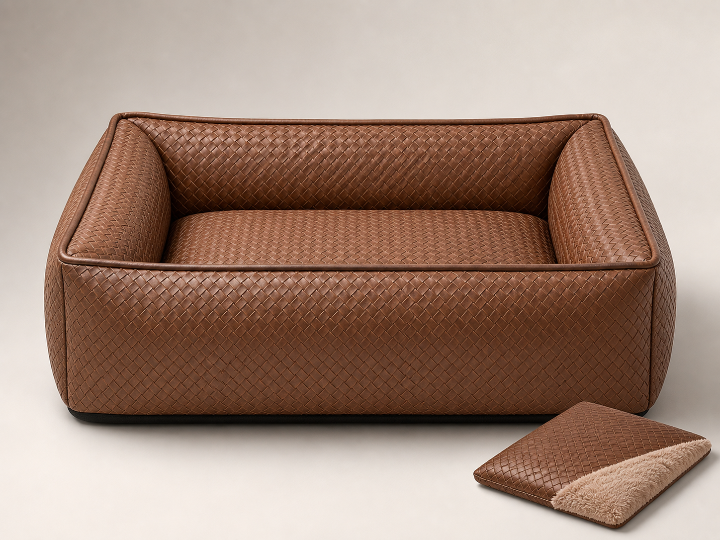 Huon Bed in brown woven vegan leather with padded side bolsters and sleeping cushion