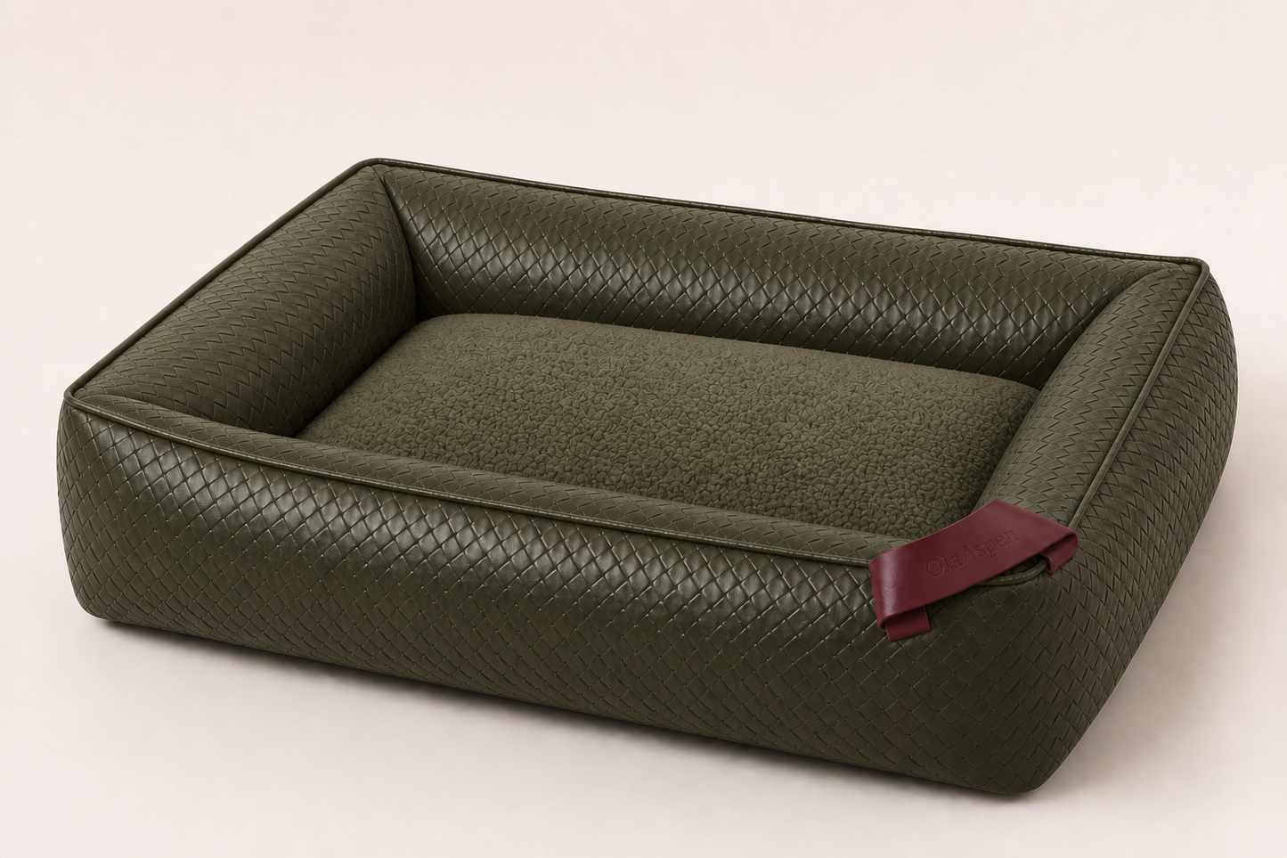 Huon Bed in deep olive green with a fuller silhouette and olive teddy-fleece sleeping cushion