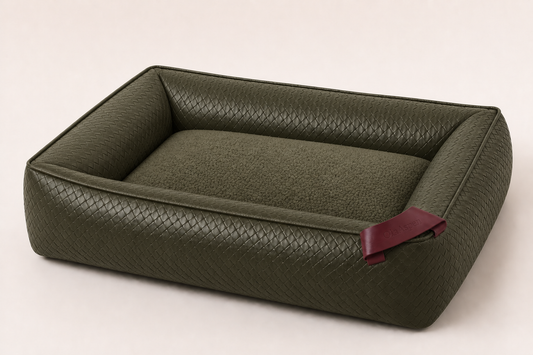 Huon Bed in deep olive green with a fuller silhouette and olive teddy-fleece sleeping cushion
